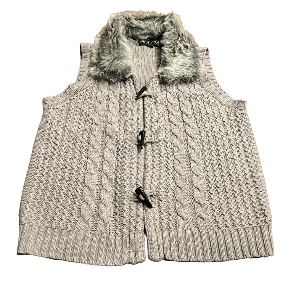 Yarn Art Women’s Cable Knit Grey Sweater Vest Removable Faux Fur Collar XL
